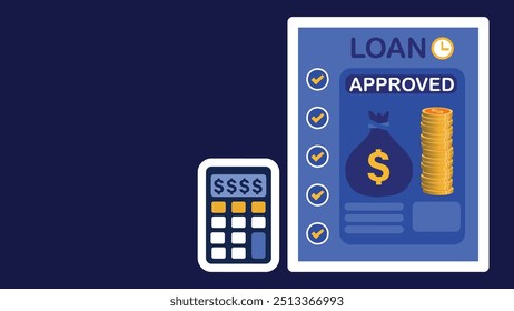 Approved car loan concept vector banner design illustration with document, money bag, coin stack and calculator icons on a horizontal blue background.