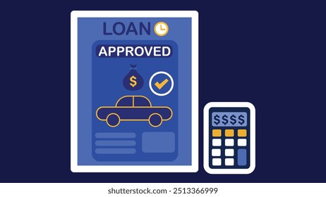 Ilustración aprobada del diseño del Anuncio del Vector del concepto del préstamo del coche con el documento, el bolso del dinero, el coche y los iconos de la calculadora en un fondo azul Horizontal.