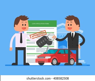 Approved Car Loan Vector Illustration. Buying Car Concept. Dealer Hand Over Car Keys To Happy Customer.