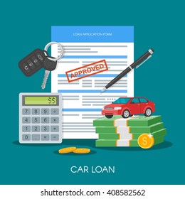 Approved Car Loan Vector Illustration. Buying Car Concept. Auto Keys, Car Model, Money, Application Form.