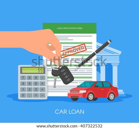 Approved car loan vector illustration. Buying car concept. Hand holding car key.