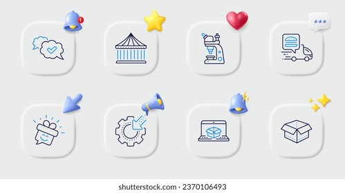 Approved, Carousels and Food delivery line icons. Buttons with 3d bell, chat speech, cursor. Pack of Microscope, Seo gear, Smile icon. Open box, Online delivery pictogram. Vector
