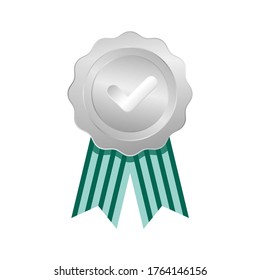 Icono de certificado aprobado plateado. Marque la marca en la placa con el icono de las cintas.