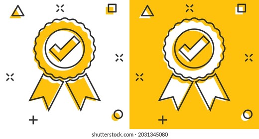 Icono de medalla de certificado aprobado en estilo cómic. Marcar marca marca vectorial gráfico de ilustración de dibujos animados. Aceptado, efecto de salpicadura de concepto comercial de sello de premio.