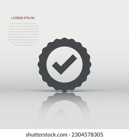 Approved certificate medal icon in flat style. Check mark stamp vector illustration on white isolated background. Accepted, award seal business concept.