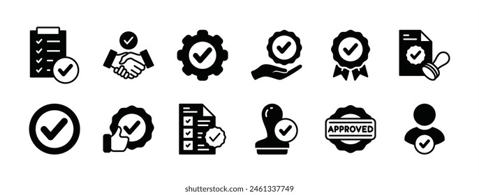 Conjunto de iconos aprobados y certificados. Conteniendo validación, calidad, Acuerdo, medalla de la insignia, licencia, marca de verificación, selección, aceptar, sello, pulgares hacia arriba, decisión, documento, servicio, Vector de permiso