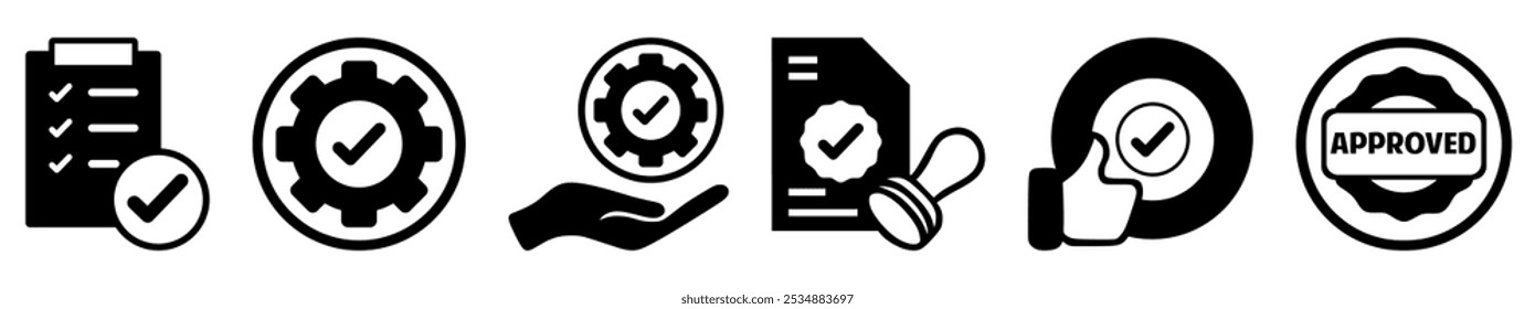 Genehmigte und zertifizierte Symbolgruppe. Enthaltend Validierung, Qualität, Vereinbarung, Abzeichen Medaille, Lizenz, Markierung, Auswahl, Akzeptieren, Stempel, Daumen hoch, Entscheidung, Dokument, Service, Erlaubnis. Vektorgrafik