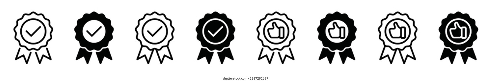 Approved or certified icons vector. Approval check sign and symbol collection. Certified badge icon in line and flat style. Best or top quality medal icons. Vector illustration