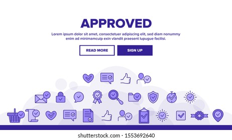 Approved And Certified Landing Web Page Header Banner Template Vector. Approved, Quality Control Guarantee Outline Symbols Pack. Correct Choice Selection. Checkmark, Confirm, Tick Illustration