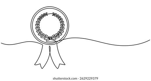 Approved or certified medal continuous one line drawing. Award badge continuous one line drawing. Single line art award badge graphic illustration. Award Ribbon Continuous Line icon.