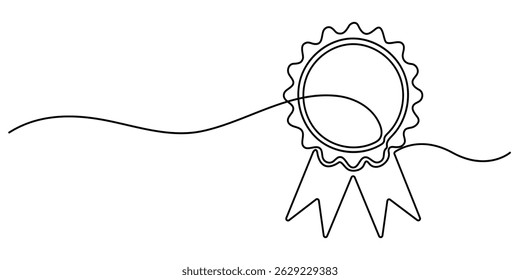 Approved or certified medal continuous one line drawing. Award badge continuous one line drawing. Single line art award badge graphic illustration. Award Ribbon Continuous Line icon.