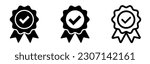 Approved or certified medal icon. Approval check symbol. Winning award, prize, medal or badge. Verified medal icon. Icon in flat style and line. Certified badge symbol, quality sign.