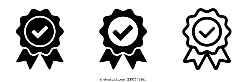 Approved or certified medal icon. Approval check symbol. Winning award, prize, medal or badge. Verified medal icon. Icon in flat style and line. Certified badge symbol, quality sign.