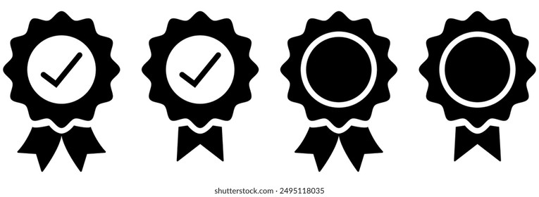 Ikone für genehmigte oder zertifizierte Medaillen. Genehmigung-Prüfzeichen. Auszeichnung, Preis, Medaille oder Abzeichen. Verifiziertes Medaillensymbol. Symbol in flachem Stil und Linie. Zertifiziertes Badge-Symbol, Qualitätszeichen.