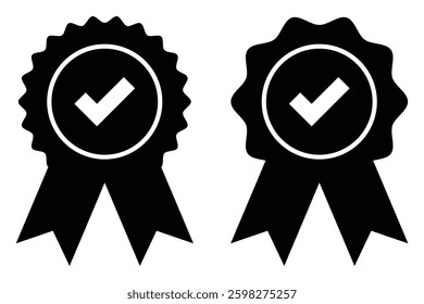 Approved or certified medal icon. Approval check symbol. Winning award, prize, medal or badge. Verified medal icon. Icon in flat style and line. Certified badge symbol, quality sign.
