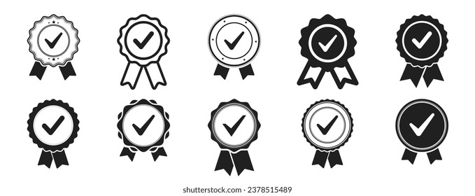 Approved or certified medal icon. Certified badge. Verification approved icon set, check mark agreement warranty badge