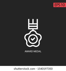 Approved or certified medal icon in a flat design. Rosette icon.  Medal with line icon and background black. Certified linear icon. Thin line illustration. Medal with tick mark contour symbol.