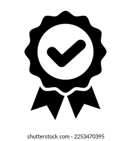 Approved or certified medal icon in a flat design. Approval check sign. Certified or approved ribbon with checkmark Black award ribbon medal symbol with tick on white. Rosette icon Vector illustration