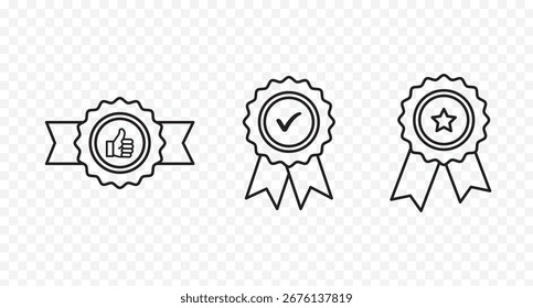 Icono de medalla aprobado o certificado en un estilo plano. Iconos de roseta. Símbolo de comprobación de Aprobación. Ganar premio, premio, medalla o insignia. Icono de medalla verificado. Icono certificado aprobado. eps 10