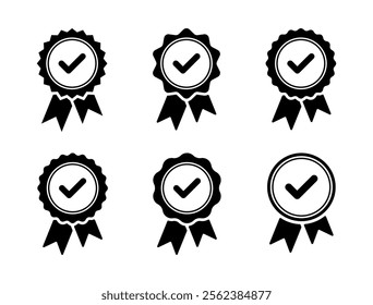 Approved or certified medal icon set collection. Approval check certification badge sign symbol