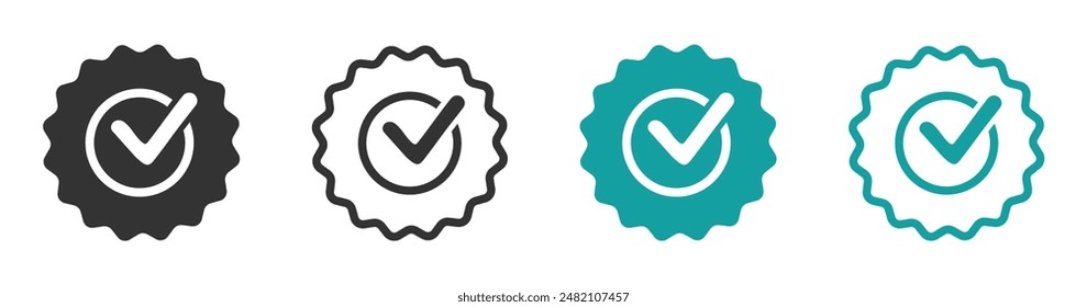 Iconos planos de Vector de medalla aprobados o certificados. Diseños de iconos de roseta