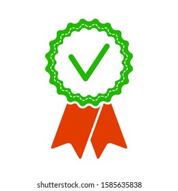 Approved certified rosette icon in flat style. Accredited and recommended medal symbol isolated on white background