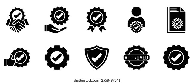 Approved and certified thin line icon set. Containing validation, quality, agreement, badge medal, checkmark, selection, accept, stamp, thumbs up, decision, document, service, permission. 