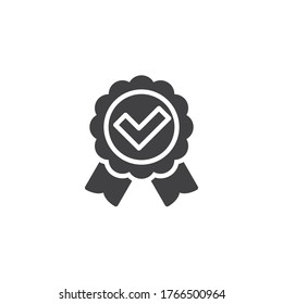 Approved, certified vector icon. Quality badge with check mark filled flat sign for mobile concept and web design. Guaranty certificate glyph icon. Symbol, logo illustration. Vector graphics