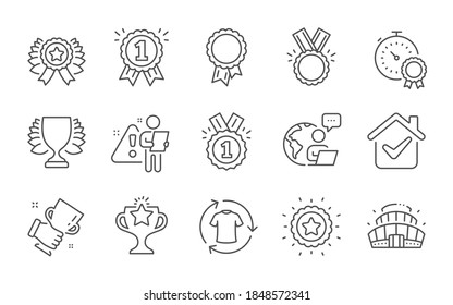 Approved, Change clothes and Winner line icons set. Success, Victory and Best result signs. Honor, Winner cup and Arena stadium symbols. Reward. Shirt, Sports achievement. Sports set. Vector