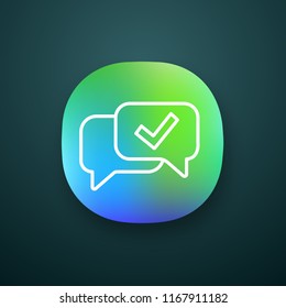 Approved chat app icon. Delivered message. SMS verification. Confirmation dialog. UI/UX user interface. Message approval. Speech bubble with check mark. Vector isolated illustration - Powered by Shutterstock - Get 15% off with code: PIKWIZARD15