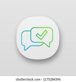 Approved chat app icon. Delivered message. SMS verification. Confirmation dialog. UI/UX user interface. Web application. Message approval. Speech bubble with check mark. Vector isolated illustration - Powered by Shutterstock - Get 15% off with code: PIKWIZARD15