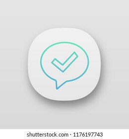 Approved chat app icon. SMS verification. Confirmation dialog. UI/UX user interface. Web application. Message approval. Successful dialogue. Speech bubble with check mark. Vector isolated illustration - Powered by Shutterstock - Get 15% off with code: PIKWIZARD15