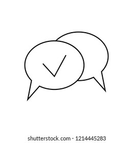 Approved chat linear icon. Delivered message. SMS verification. Confirmation dialog. Thin line illustration. Message approval. Speech bubble with check mark. Flat design