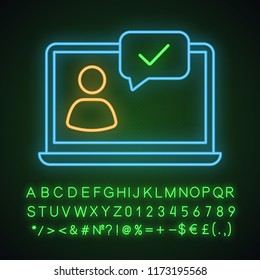 Approved chat neon light icon. Chatbot. Online verification. Glowing sign with alphabet, numbers and symbols. Support chat. Online communication. User page. Vector isolated illustration