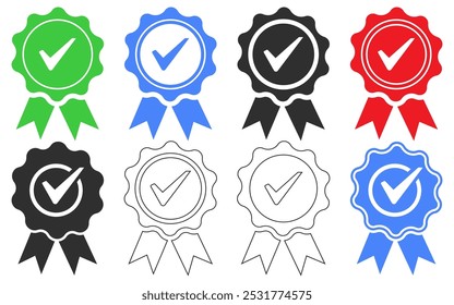 Approved check mark badge icon medal prize premium quality tick award ribbon check mark line vector icon set merit reward champion