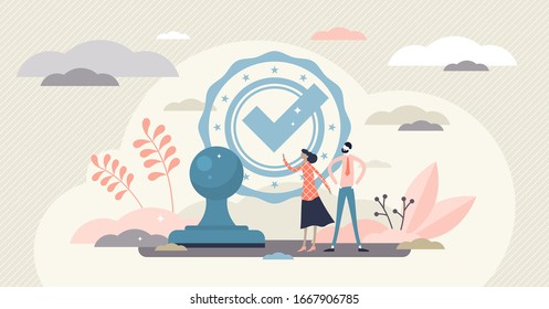 Approved Check Mark Stamp Concept, Flat Tiny Person Vector Illustration. Abstract Quality And Guarantee Symbol Scene. Stylized Business Validation Sign. Deal Making And People Legal Obligations.