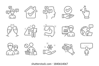 Approved checkbox, Clapping hands and Stop shopping line icons set. Champagne glasses, Conversation messages and Consulting business signs. Line icons set. Vector