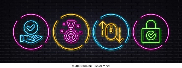 Approved checkbox, Winner reward and Scroll down minimal line icons. Neon laser 3d lights. Password encryption icons. For web, application, printing. Verification, Best award, Mouse swipe. Vector