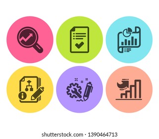 Approved checklist, Analytics and Report document icons simple set. Algorithm, Engineering and Growth chart signs. Accepted message, Audit analysis. Education set. Flat approved checklist icon