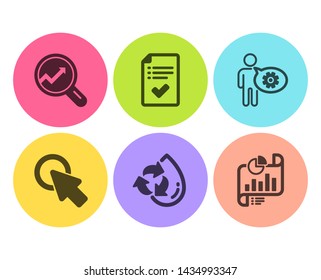 Approved checklist, Click here and Analytics icons simple set. Cogwheel, Recycle water and Report document signs. Accepted message, Push button. Technology set. Flat approved checklist icon. Vector