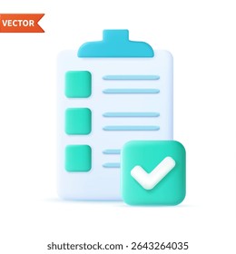 Approved checklist clipboard icon. Checklist on 3d paper. Document in test form with check marks and stripes abstract questions. Questionnaire with notes. check marks. vector illustration.