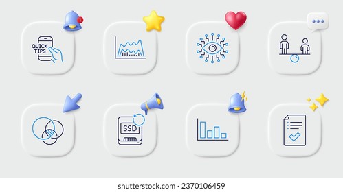 Approved checklist, Education and Euler diagram line icons. Buttons with 3d bell, chat speech, cursor. Pack of Equity, Histogram, Trade chart icon. Vector