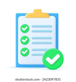 Approved checklist icon. Checklist on 3d paper. Document in test form with check marks and stripes abstract questions. Questionnaire with notes. check marks. vector illustration.