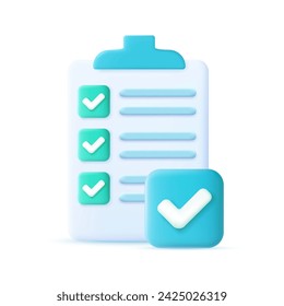 Approved checklist icon. Checklist on 3d paper. Document in test form with check marks and stripes abstract questions. Questionnaire with notes. check marks. vector illustration.