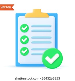 Ícone da lista de verificação aprovada. Lista de verificação em papel 3D. Documento em formulário de teste com marcas de verificação e listras perguntas abstratas. Questionário com notas. marcas de seleção. ilustração vetorial.