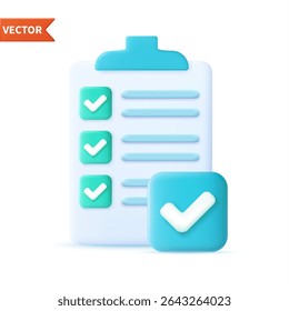 Approved checklist icon. Checklist on 3d paper. Document in test form with check marks and stripes abstract questions. Questionnaire with notes. check marks. vector illustration.
