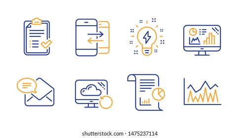 Approved checklist, Inspiration and New mail line icons set. Phone communication, Analytics graph and Report signs. Recovery cloud, Investment symbols. Accepted message, Creativity. Vector
