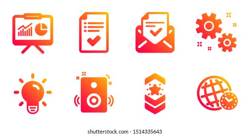 Approved checklist, Light bulb and Speakers line icons set. Approved mail, Shoulder strap and Work signs. Presentation, Time zone symbols. Accepted message, Lamp energy. Education set. Vector