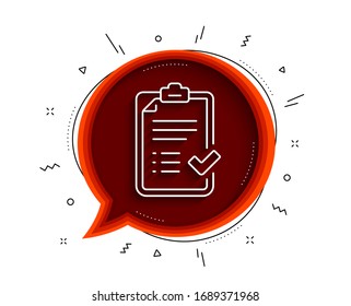 Icono de línea de lista de comprobación aprobada. Burbuja de chat con sombra. Signo aceptado o confirmado. Símbolo del informe. Icono de lista de comprobación aprobada en línea delgada. Vector