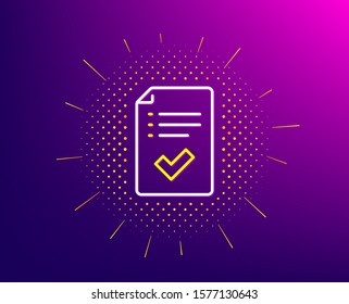 Approved checklist line icon. Halftone pattern. Accepted or confirmed sign. Report symbol. Gradient background. Approved checklist line icon. Yellow halftone pattern. Vector